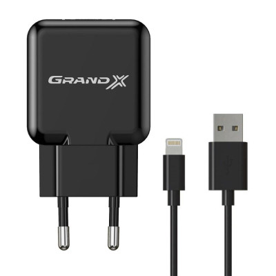Зарядний пристрій Grand-X 1*USB, 2,1A, Black, + cable USB -&gt; Lightning, Cu, 2.1А, 1m (CH03LTB)