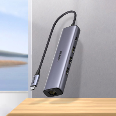 Концентратор Ugreen USB 3.0 Type-C to 3xUSB 3.0 + RJ45 1000M CM475 grey (20932)