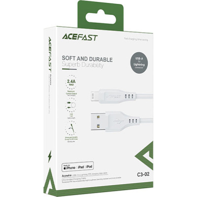 Дата кабель USB 2.0 AM to Lightning 1.2m 2.4A TPE C3-02 White Acefast (6974316280835)