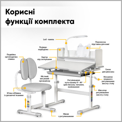 Парта зі стільцем ErgoKids Grey (+полка+лампа) (BD-24 G)