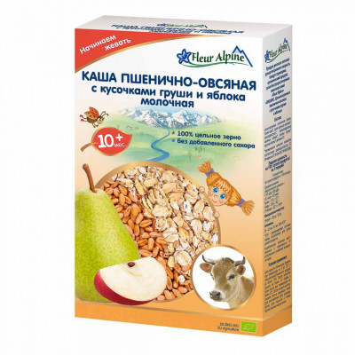 Дитяча каша Fleur Alpine молочна пшенично-вівсяна зі шматочками груші і яблука 200 г (4006303002754)