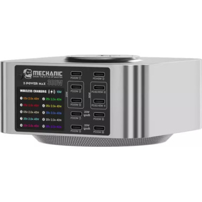 Зарядний пристрій MECHANIC 10xUSB-C PD + Wireless Charging 15W LED indication 300W black (X-Power Max)