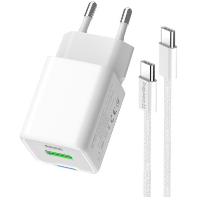 Зарядний пристрій ColorWay C101A GaN Mini 20W PD PPS USB-C + USB-A QC4.0 + cable USB-C to USB-C black (CW-CHS062PDC-WT)