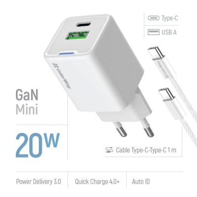 Зарядний пристрій ColorWay C101A GaN Mini 20W PD PPS USB-C + USB-A QC4.0 + cable USB-C to USB-C black (CW-CHS062PDC-WT)