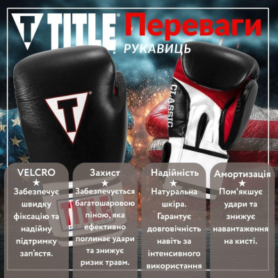 Боксерські рукавички Title Classic Leather 2.0 Black/White/Red M 12 oz (CSBGL2 M BK/WH/RD)