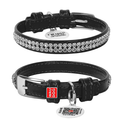 Нашийник для тварин WAUDOG Glamour з QR-паспортом &quot;Стрази&quot; XS Ш 12 мм чорний (33081)