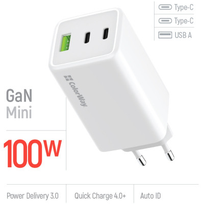 Зарядний пристрій ColorWay C101B GaN Mini 100W PD PPS 2xUSB-C + USB-A white (CW-CHS061PD-WT)