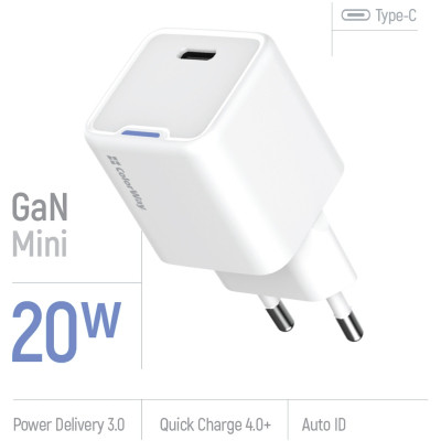 Зарядний пристрій ColorWay C101C GaN Mini 20W PD PPS USB-C white (CW-CHS059PD-WT)