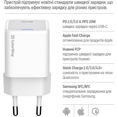Зарядний пристрій ColorWay C101C GaN Mini 20W PD PPS USB-C white (CW-CHS059PD-WT)
