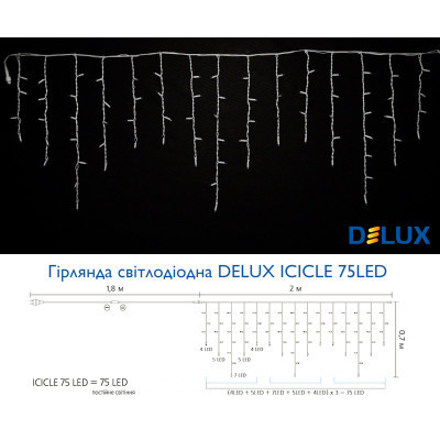Гірлянда Delux Icicle 75LED IP44 EN Жовтий/Білий 2 x 0.7 м (90016590)