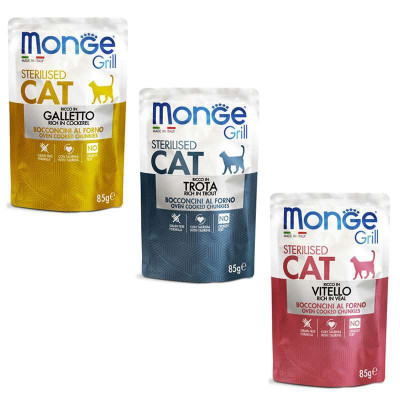 Вологий корм для кішок Monge Cat grill mix ster з півнем, фореллю та телятиною 1.02 г (8009470017527)