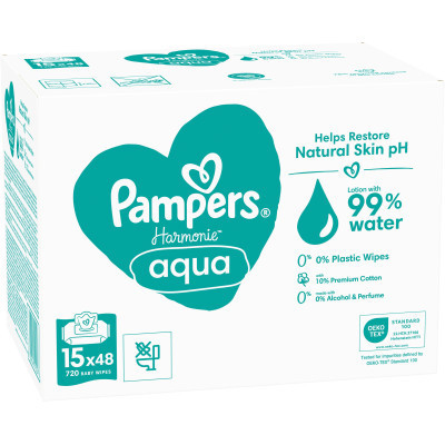 Дитячі вологі серветки Pampers Harmonie Aqua 15 пачок x 48 шт (8006540510247)