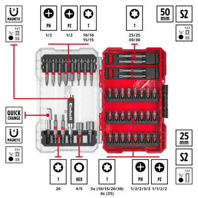 Набір біт Einhell 42шт, HEX, PH, PZ, Torx, 50мм, кейс (118953)