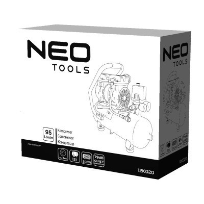 Компресор Neo Tools безоливний, 2-х поршневий, 230В, 12л, 8 Бар, 105л/хв, 500Вт, (12K020)