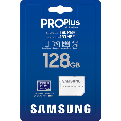 Карта пам&#039;яті Samsung 128 GB microSDXC Pro Plus UHS-I U3 V30 A2 Class 10 + SD-adapter (MB-MD128SA/EU)