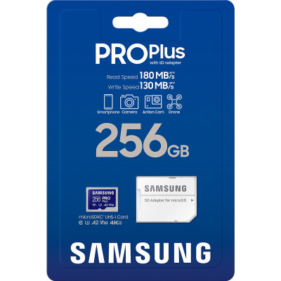 Карта пам&#039;яті Samsung 256 GB microSDXC Pro Plus UHS-I U3 V30 A2 Class 10 + SD-adap (MB-MD256SA/EU)
