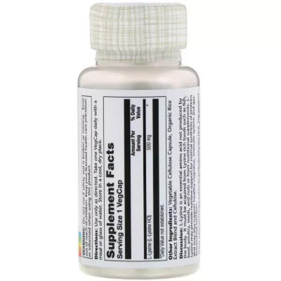 Амінокислота Solaray L-Лізин, L-Lysine, 500 мг, 60 капсул (SOR-04940)