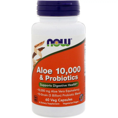 Трави Now Foods Алое 10 000 &amp; Пробіотики, 60 вегетаріанських капсул (NOW-03029)