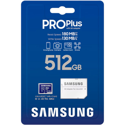 Карта пам&#039;яті Samsung 512 GB microSDXC Pro Plus UHS-I U3 V30 A2 Class 10 + SD-adap (MB-MD512SA/EU)