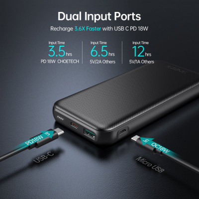 Батарея універсальна Choetech 10000mAh, PD/3.0/18W, QC/3.0 (B627-V3-CC-BK)