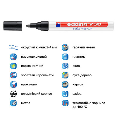 Маркер Edding Paint 2-4 мм круглий чорний (e-750/01)