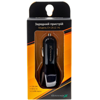 Зарядний пристрій Grand-X car 2,1A, 12-24V, Black 2USB 5V/2.1A (CH-26)