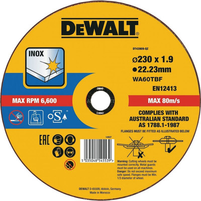 Круг відрізний DeWALT INOX, нержавіюча сталь/листовий метал, 230х1.9х22.23 мм (DT43909)
