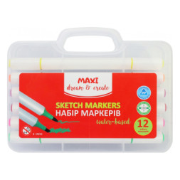 Художній маркер Maxi набір скетч-маркерів двосторонніх, 12 кольорів на водній основі (MX15253)