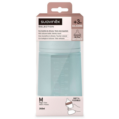 Пляшечка для годування Suavinex Colour Essence силіконова, повільний потік,240 мл, блакитна (308071)