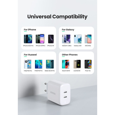 Зарядное устройство Ugreen 2xUSB 40W PD (2xType-C) PD CD243 White (10343)