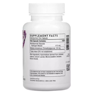 Вітамін Thorne Research Нікотинамід Рибозид, 415 мг, Nicotinamide Riboside, NiaCel 400, 60 капсул (THR-01208)