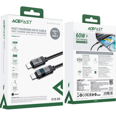 Дата кабель USB-C to USB-C 1.2m 60W digital display C15-03 Black Acefast (6974316283720)