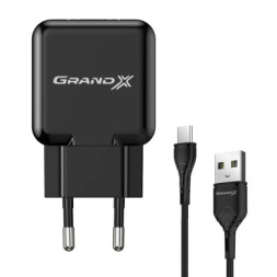 Зарядний пристрій Grand-X CH-03T USB 5V 2,1A Black + cable USB -&gt; Type C, Cu, 4A, TPE (CH-03T)