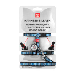 Шлея для котів WAUDOG Nylon з QR-паспортом &quot;Етно синій&quot; з повідцем пластиковий фастекс XS (5480)