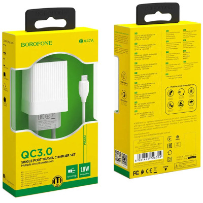 Зарядний пристрій BOROFONE BA47A Mighty speed single port QC3.0 3A + Type-C cable White (BA47AMW)