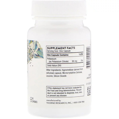 Мінерали Thorne Research Калій Цитрат, Potassium Citrate, 90 капсул (THR-24002)