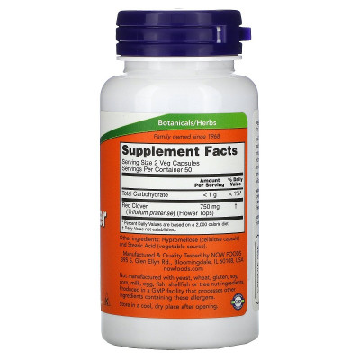 Трави Now Foods Червоний Конюшина, Red Clover, 375 мг, 100 Вегетаріанських К (NOW-04730)