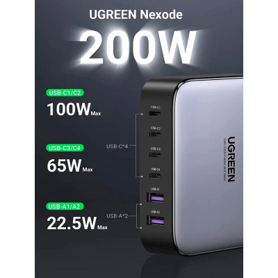 Зарядний пристрій Ugreen 6xUSB 200W (4хUSB-C+2xUSB-A) Gan CD271 (40914)