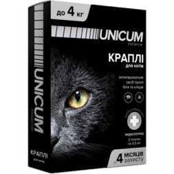 Краплі для тварин Unicum Premium від бліх та кліщів на холку для котів масою до 4 кг/3 шт (4820150201760)