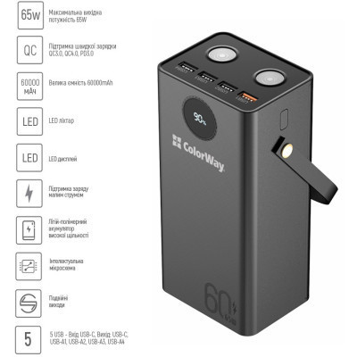 Батарея універсальна ColorWay 60 000 mAh Powerful PD/65W, QC/4.0, AFC, FCP, Black (CW-PB600LPA5BK-PDD)