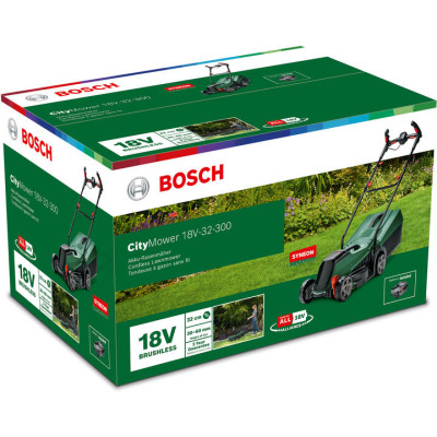 Газонокосарка Bosch CityMower 18V-32-300 18V, 4Ah, 34см, 31л, 30-60мм 9.4кг (0.600.8B9.A07)