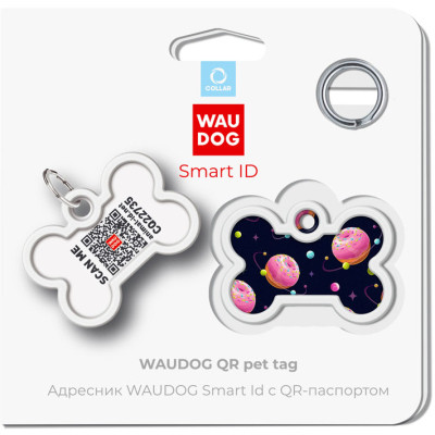 Адресник для тварин WAUDOG Smart ID з QR паспортом &quot;Всесвіт пончиків&quot;, кістка 40х28 мм (0640-0218)