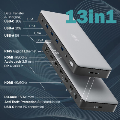 Порт-реплікатор Digitus USB-C &gt; 3xHDMI/2xDP/4xUSB-A/USB-C/RJ54/DC/Audio (DA-70918)