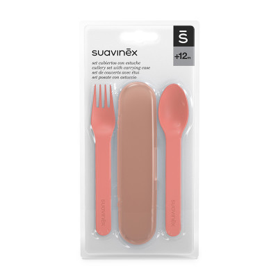 Набір дитячого посуду Suavinex Go natural столові прибори (футляр, вилка, ложка), рожевий (401508)