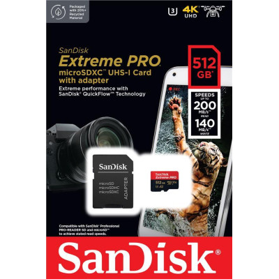 Карта пам&#039;яті SanDisk 512 GB microSDXC UHS-I U3 Extreme Pro+SD Adapter (SDSQXCD-512G-GN6MA)