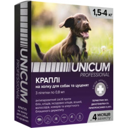 Краплі для тварин Unicum Pro від бліх, вошей, волосоїдів, комарів, москітів, іксодових кліщів для собак 1.5-4 кг/3 шт (4820150206512)