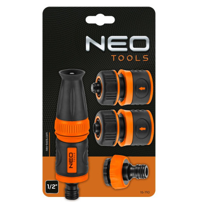 Набір для поливу Neo Tools 1/2&quot;, зрошувач прямий, 2 конектори для шланга, конектор для крана 1/2&quot;-3/4&quot; (15-710)