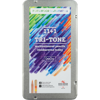 Олівці кольорові Koh-i-Noor Tri-Tone 11 + 1 олівець-блендер у метал. пеналі (3442)