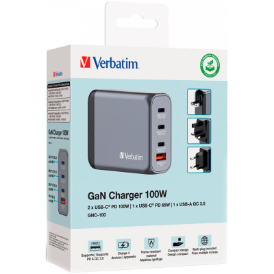 Зарядний пристрій Verbatim GaN 100 W 4 ports (2xUSB-C-100 W,USB-C 65 W /USB-A -3.0) (32202)