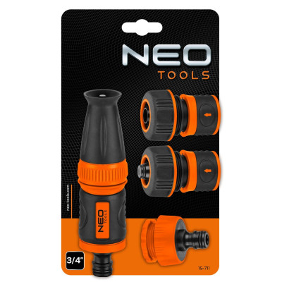 Набір для поливу Neo Tools 3/4&quot;, зрошувач прямий, 2 конектори для шланга, конектор для крана 3/4&quot;-1&quot; (15-711)